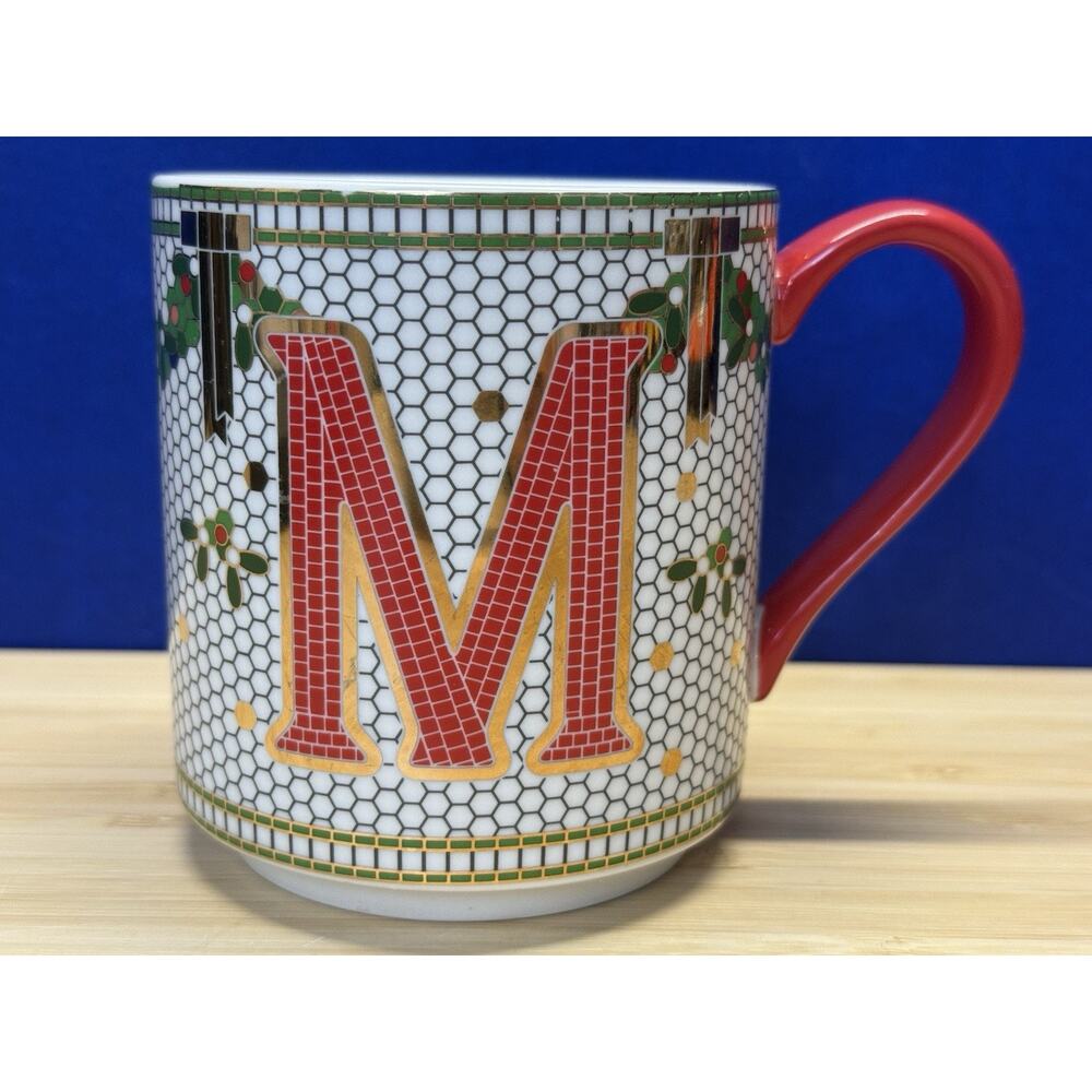 Anthropologie Festive Bistro Tile Monogram Mug Letter M Cup Of Cheer Red